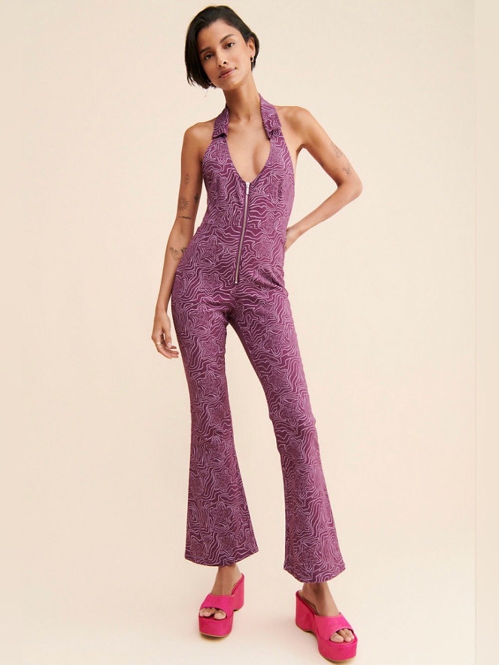 Anthropologie Stellar Star Halter Purple Jumpsuit
